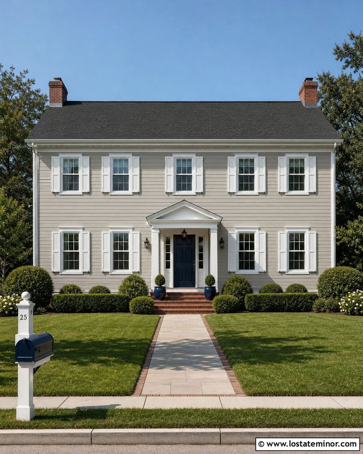 Greige Colonial With White Mailbox - 30 Greige House Design With Mailbox Ideas