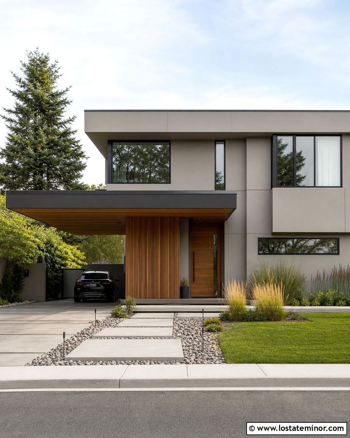 Greige Contemporary House With Cantilever Carport - 30 Greige House Design With Carport Ideas