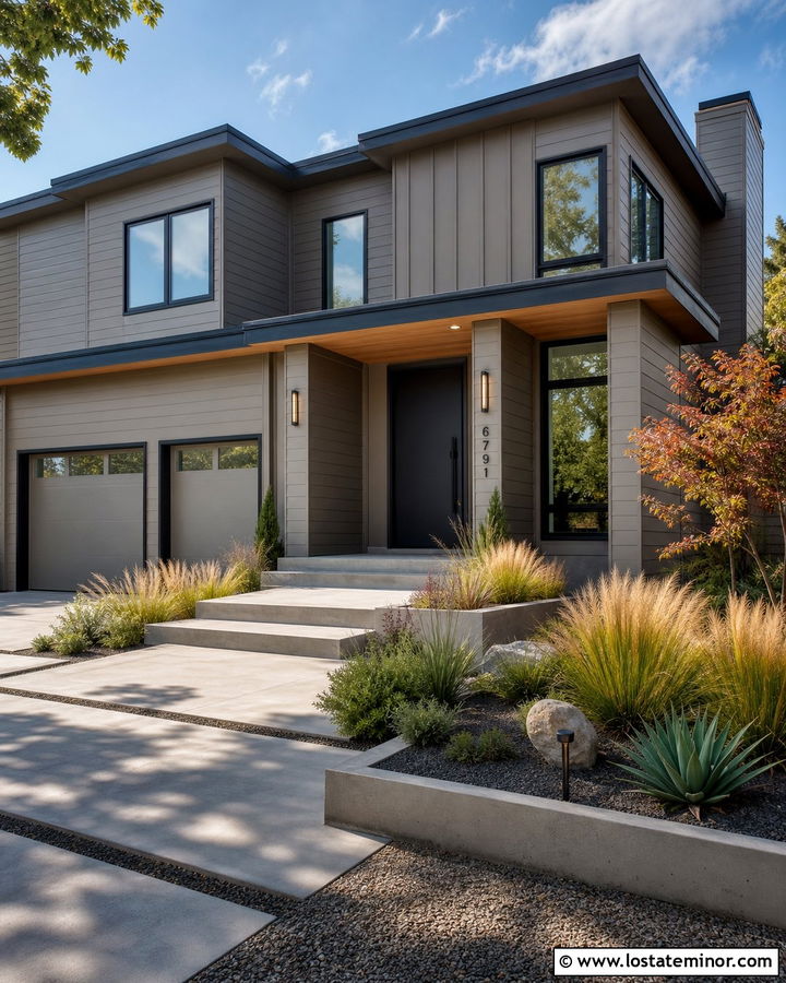 Greige Contemporary House With Concrete Front Porch - 30 Greige House Design With Front Porch Ideas