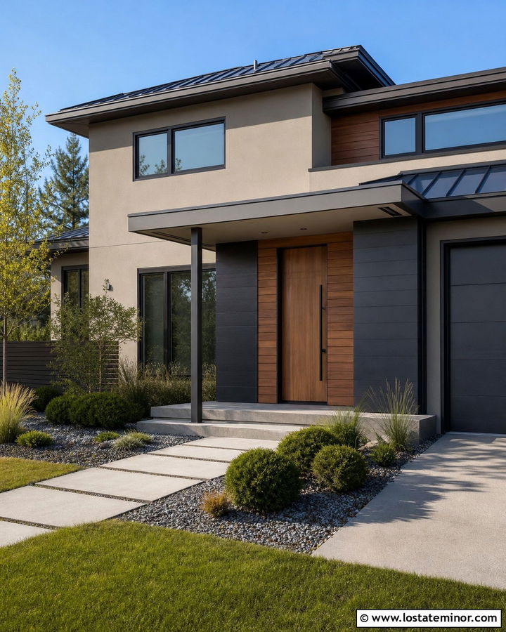 Greige Contemporary House With Flat Portico - 30 Greige House Design With Portico Ideas