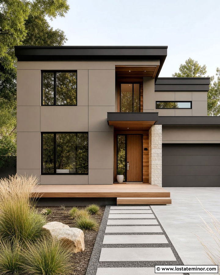 Greige Contemporary House With Floating Deck - 30 Greige House Design With Deck Ideas