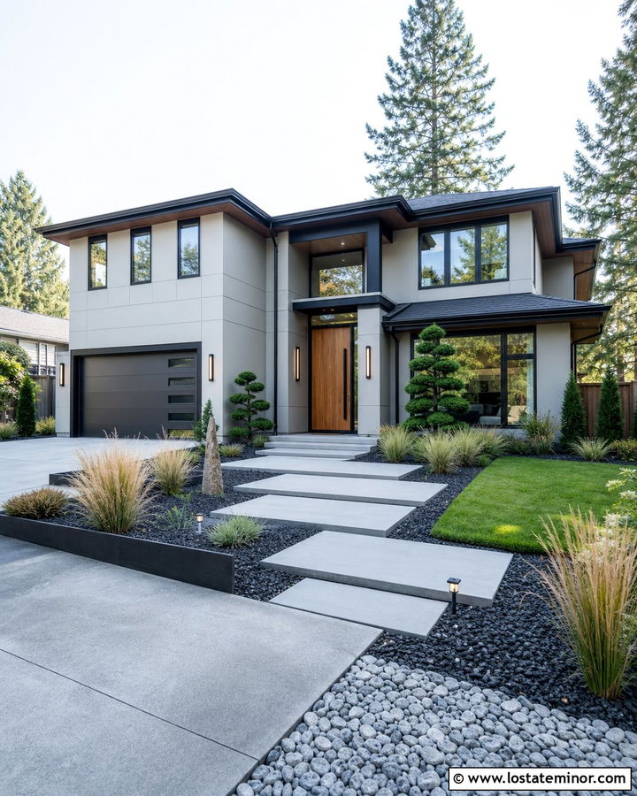 Greige Contemporary House With Floating Paver Walkway - 30 Greige House Design With Walkway Ideas