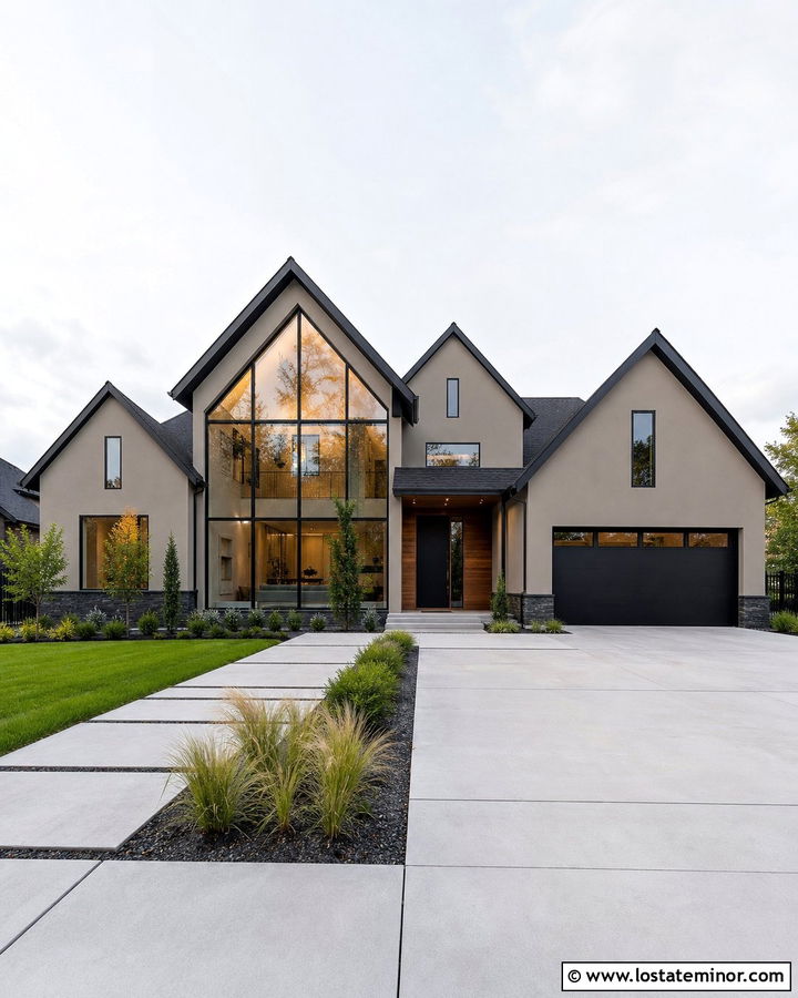 Greige Contemporary House With Glass Gables - 30 Greige House Design With Gables Ideas