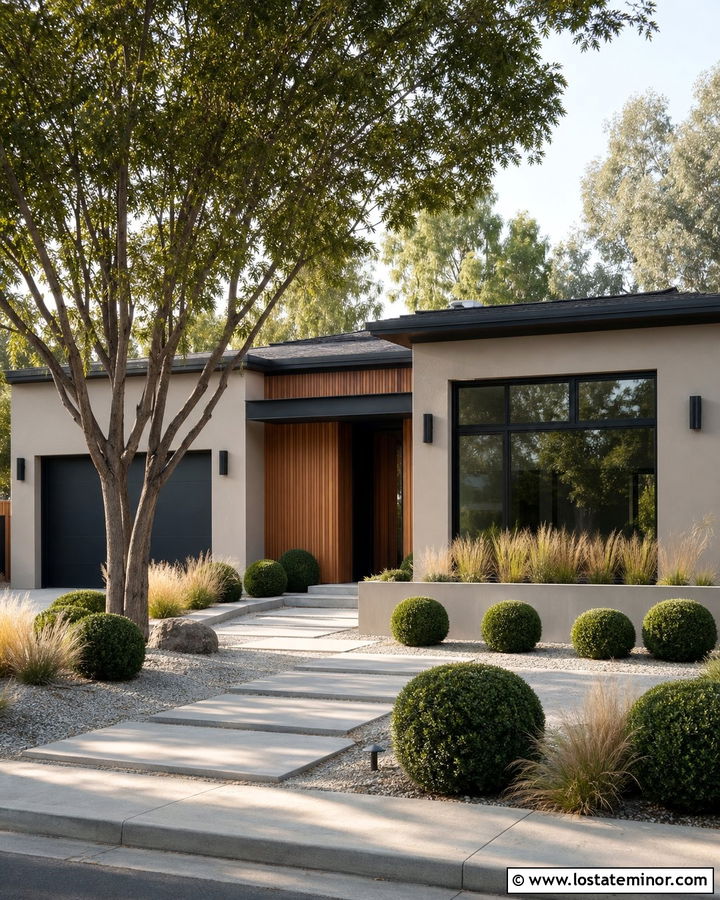 Greige Contemporary House With Minimal Landscaping - 30 Greige House Design With Landscaping Ideas
