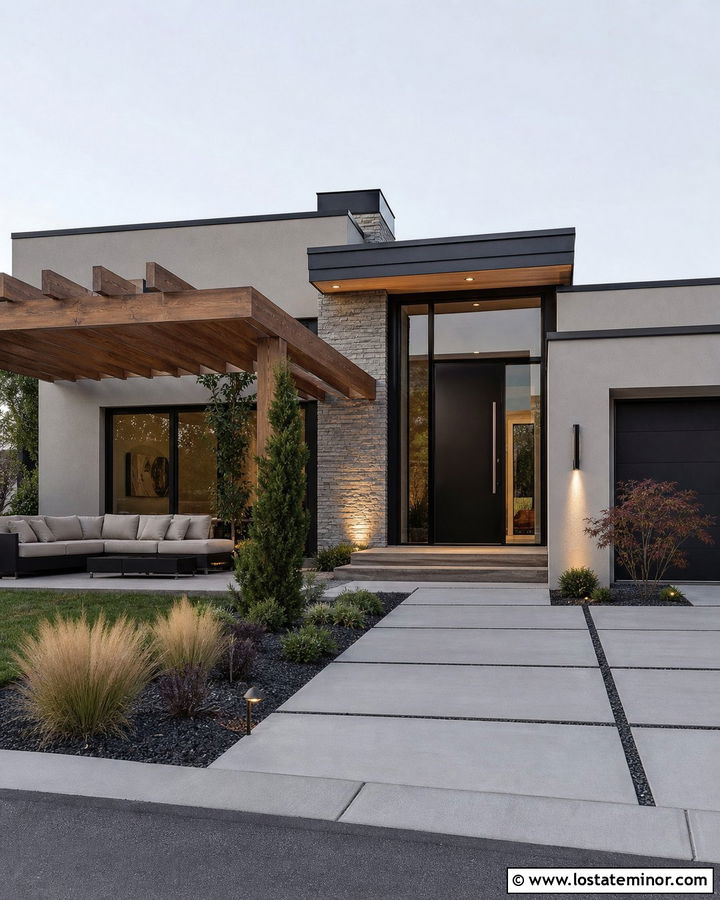 Greige Contemporary House With Pergola Daybed - 30 Greige House Design With Daybed Ideas