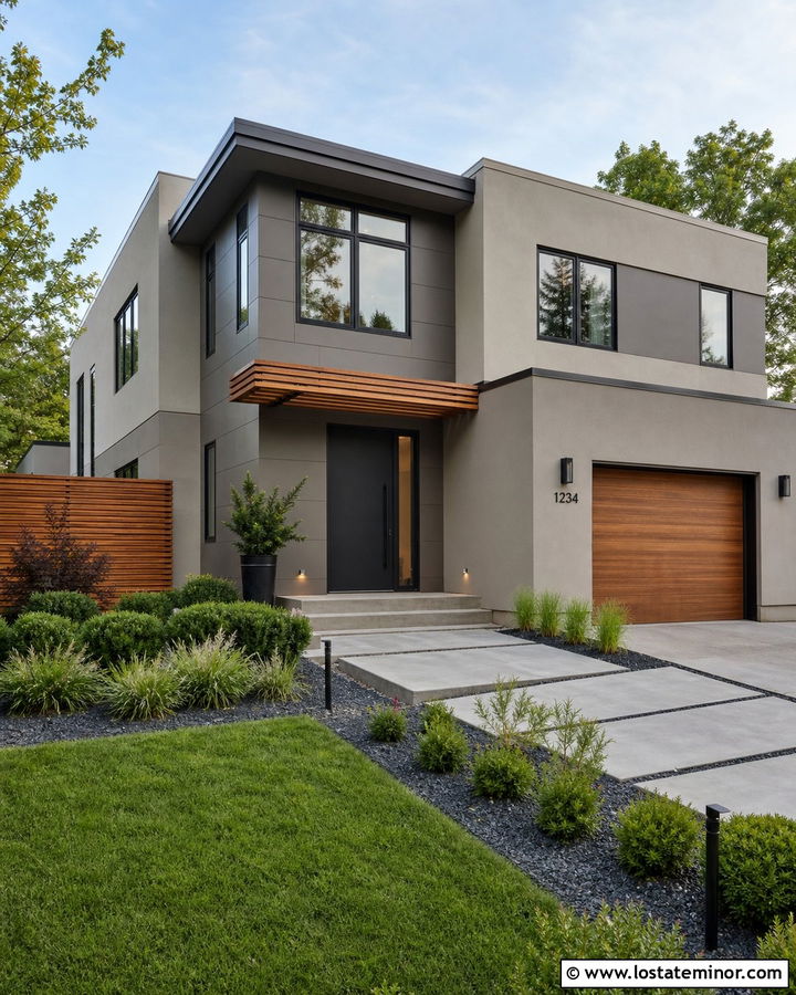 Greige Contemporary House With Wood Slat Awning - 30 Greige House Design With Awning Ideas