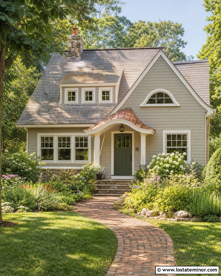 Greige Cottage House With Copper Portico - 30 Greige House Design With Portico Ideas