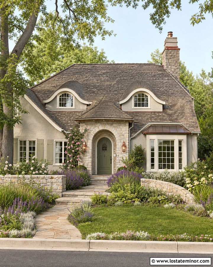Greige Cottage House With Eyebrow Dormers - 30 Greige House Design With Dormers Ideas