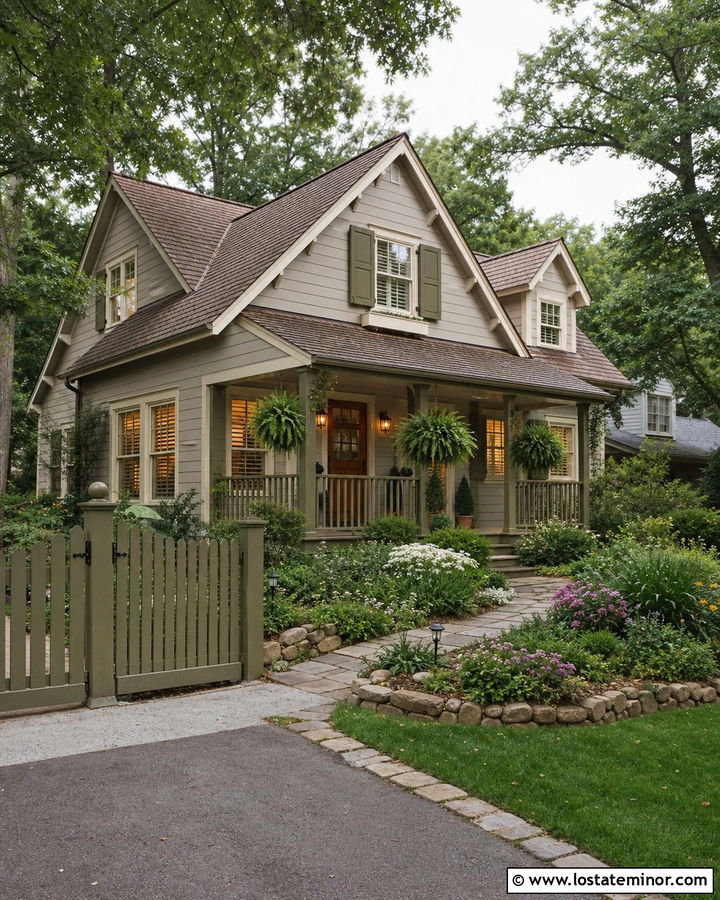 Greige Cottage House With Green Railings - 30 Greige House Design With Railings Ideas