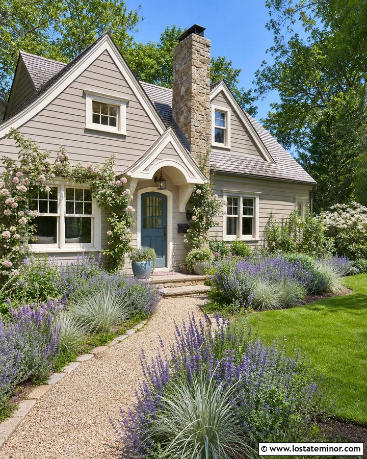 Greige Cottage House With Lavender Borders - 30 Greige House Design With Landscaping Ideas