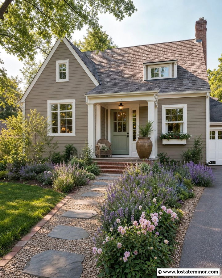 Greige Cottage House With Pea Gravel Walkway - 30 Greige House Design With Walkway Ideas