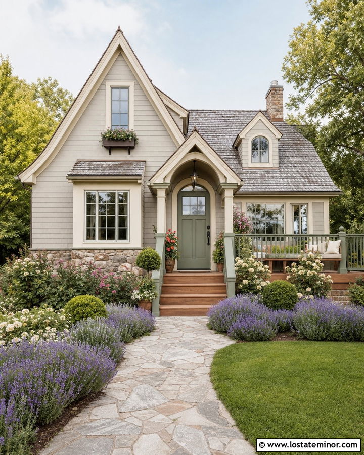 Greige Cottage House With Sage Deck Accents - 30 Greige House Design With Deck Ideas