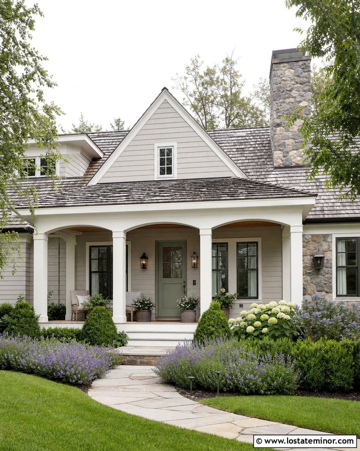 Greige Cottage With Arched Porch Columns - 30 Greige House Design With Porch Columns Ideas