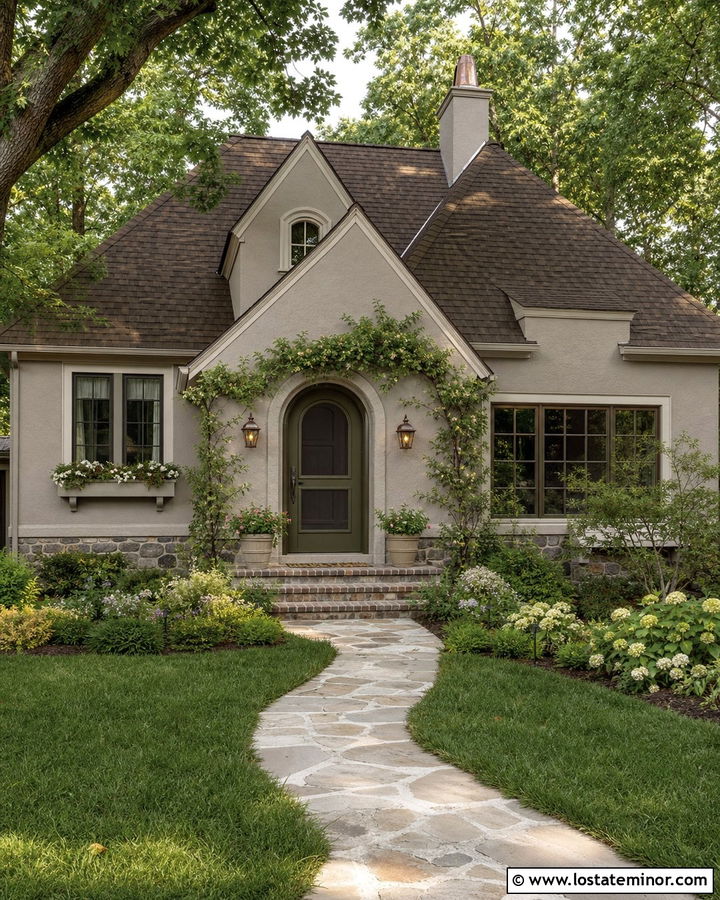 Greige Cottage With Arched Screen Door - 30 Greige House Design With Screen Door Ideas