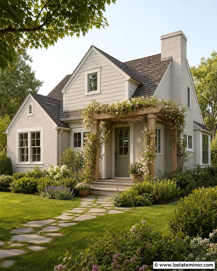 Greige Cottage With Climbing Vine Pergola - 30 Greige House Design With Pergola Ideas