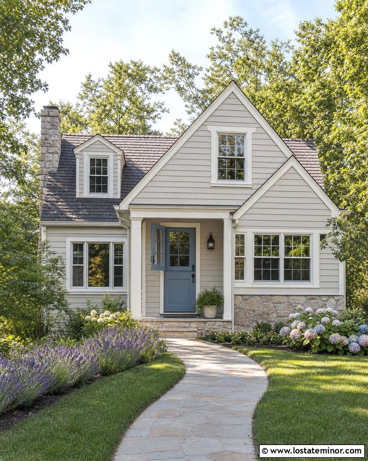 Greige Cottage With Dusty Blue Dutch Door - 30 Greige House Design With Dutch Door Ideas