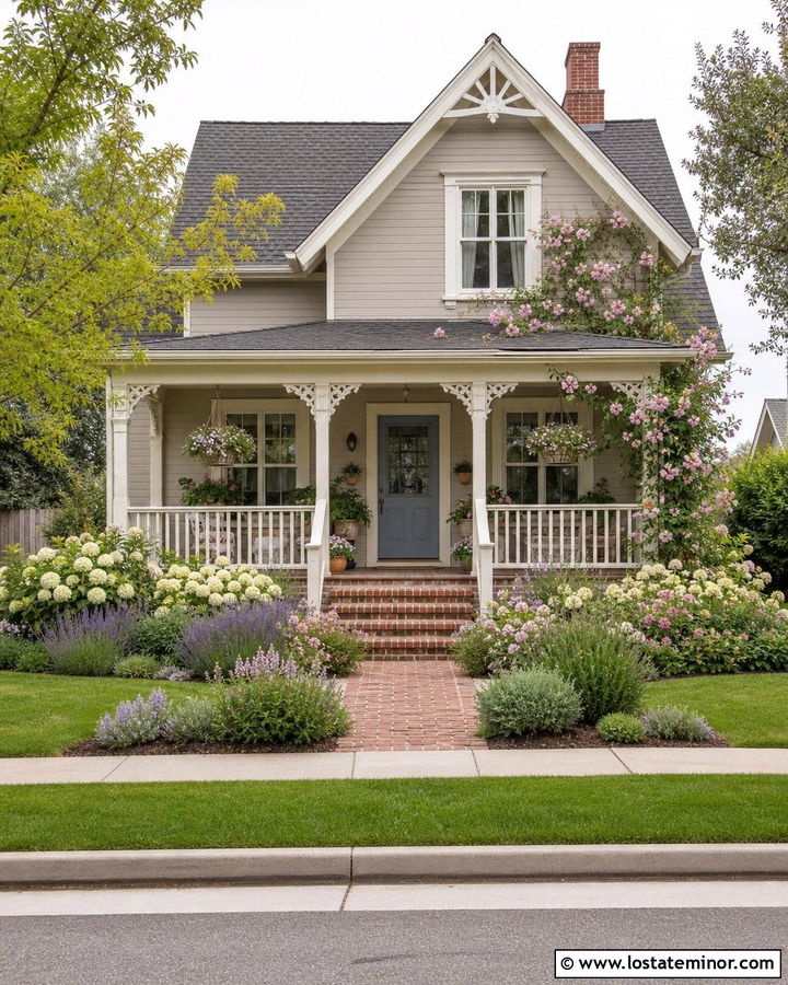 Greige Cottage With Flower Filled Front Porch - 30 Greige House Design With Front Porch Ideas
