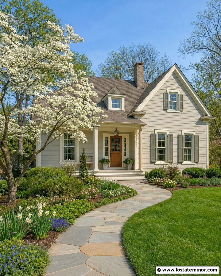 Greige Cottage With Flowering Tree - 30 Greige House Design With Front Yard Ideas