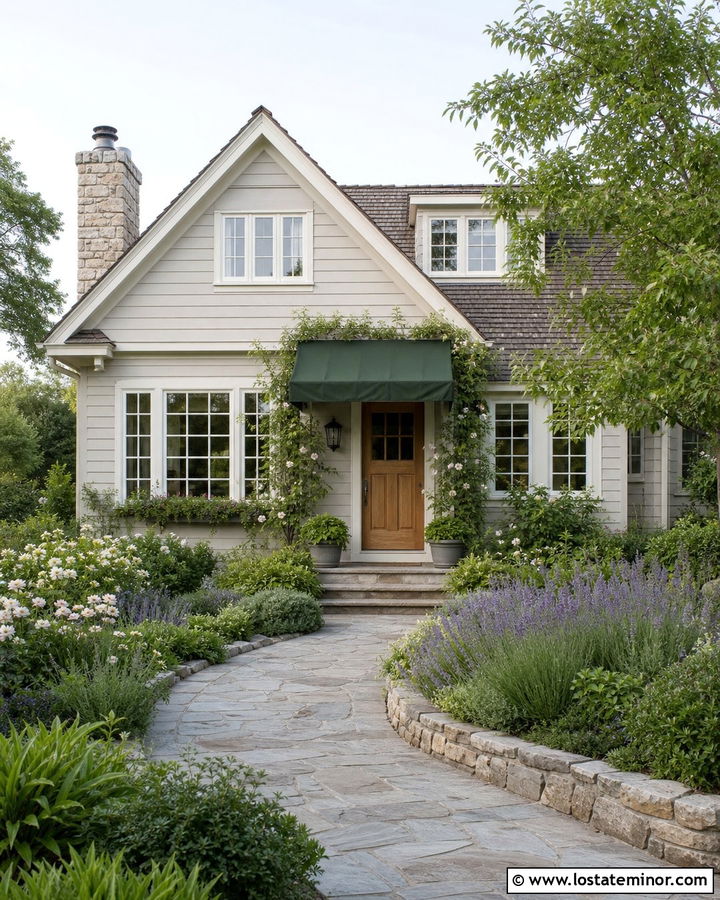 Greige Cottage With Green Canvas Awning - 30 Greige House Design With Awning Ideas