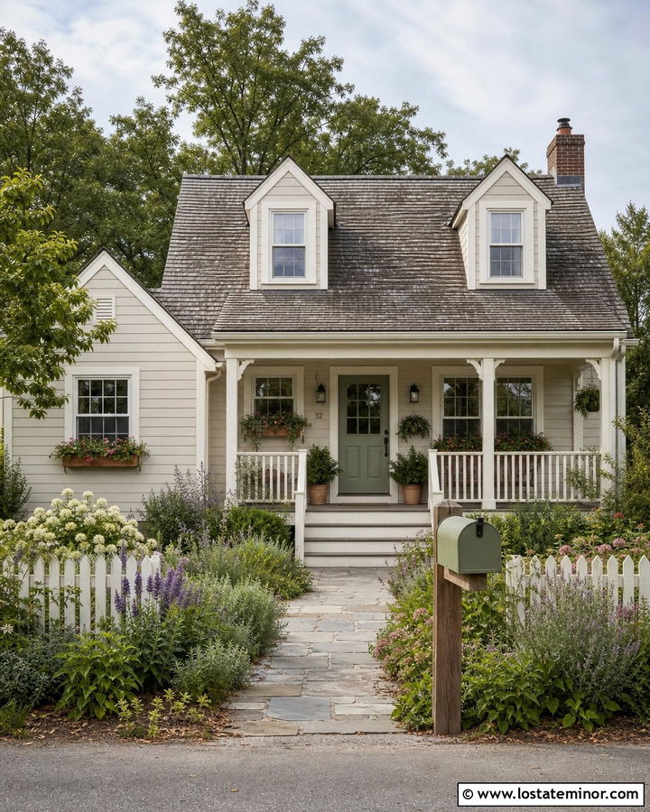Greige Cottage With Green Mailbox - 30 Greige House Design With Mailbox Ideas