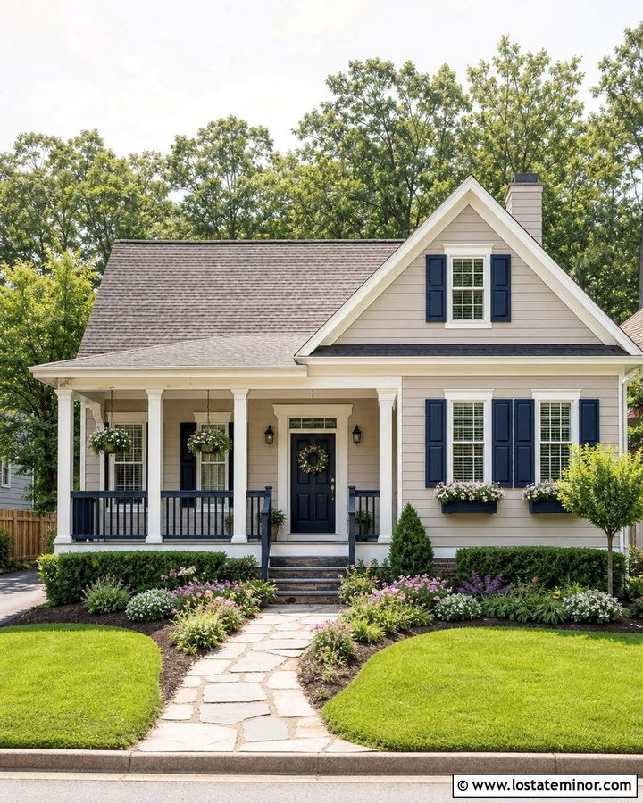 Greige Cottage With Navy Railings - 30 Greige House Design With Railings Ideas