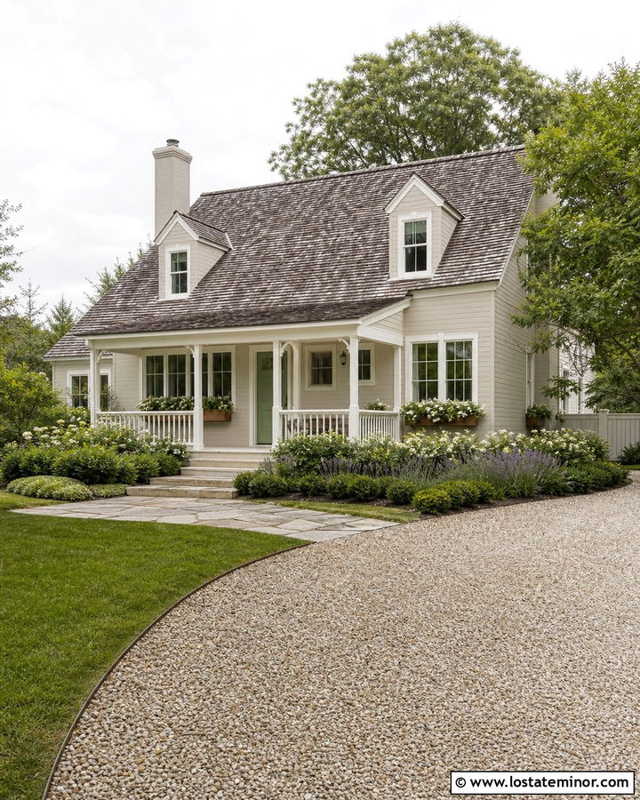 Greige Cottage With Pea Gravel Driveway - 30 Greige House Design With Driveway Ideas
