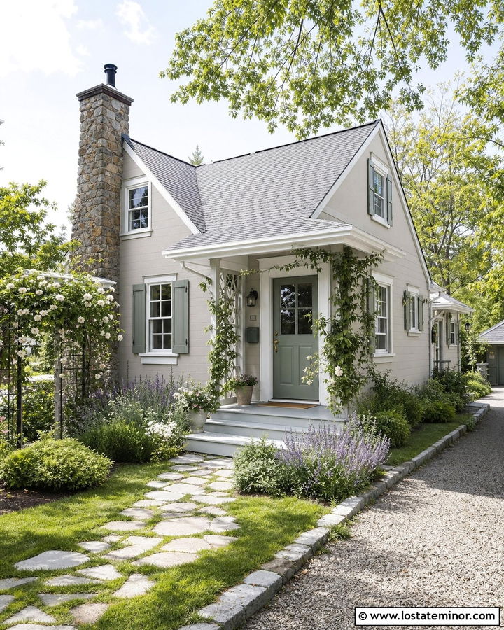Greige Cottage With Sage Green Door - 30 Greige House Design With Entry Door Ideas