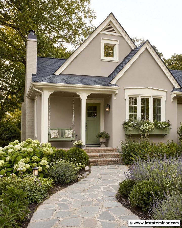 Greige Cottage With Sage Green Swing - 30 Greige House Design With Swing Ideas