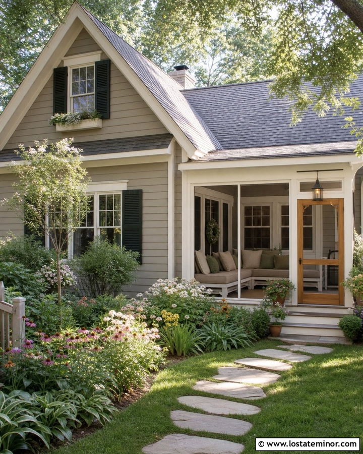 Greige Cottage With Screened Corner Daybed - 30 Greige House Design With Daybed Ideas