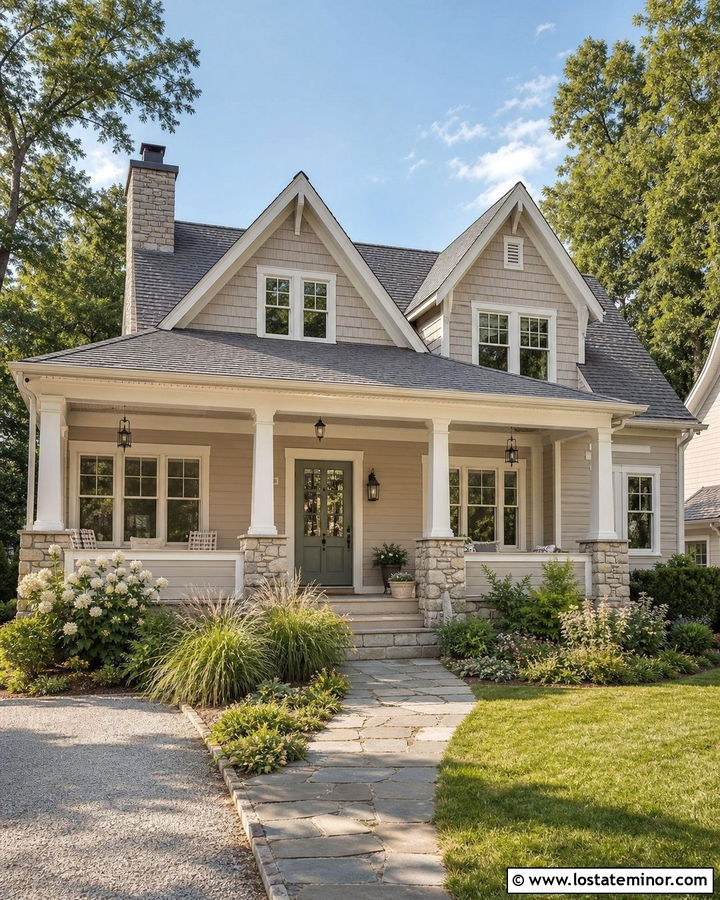 Greige Cottage With Shingle Gables - 30 Greige House Design With Gables Ideas