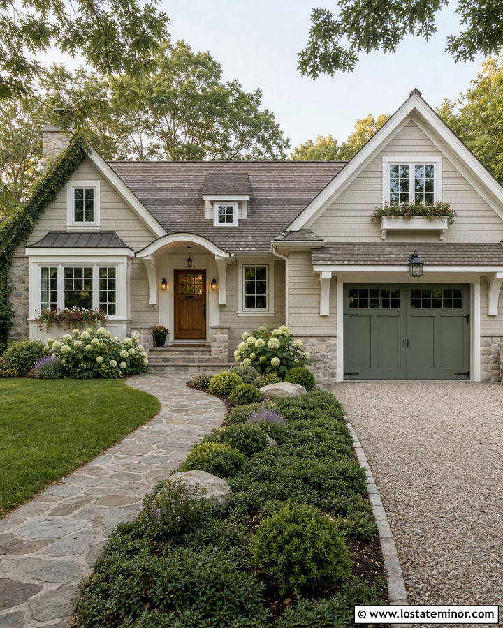 Greige Cottage With Soft Green Garage Door - 30 Greige House Design With Garage Door Ideas