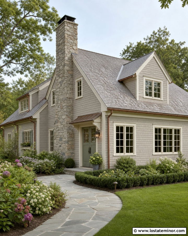 Greige Cottage With Stone Chimney - 30 Greige House Design With Chimney Ideas