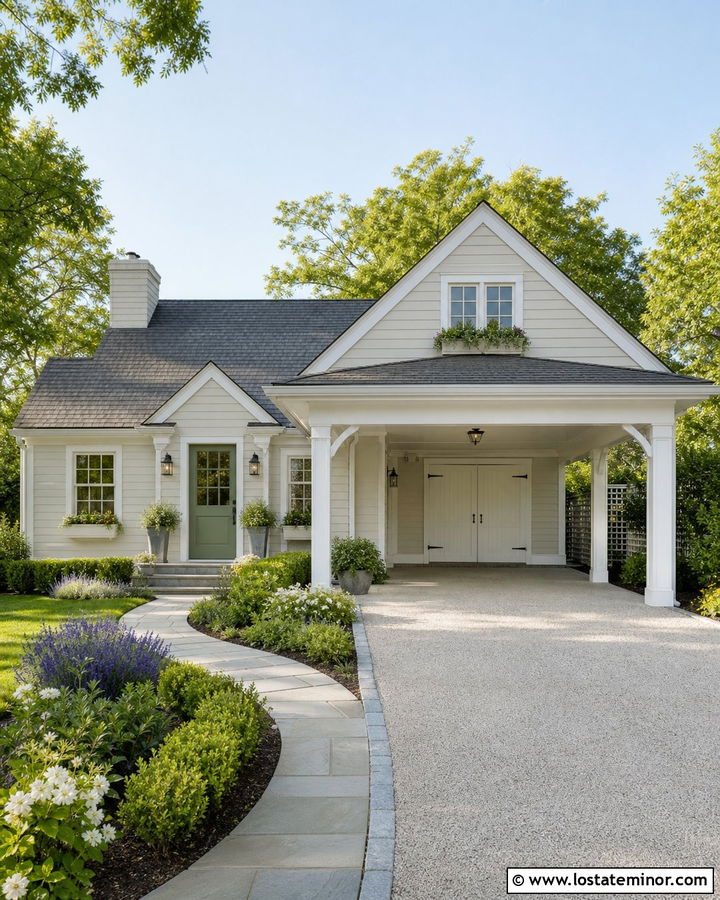 Greige Cottage With White Carport - 30 Greige House Design With Carport Ideas