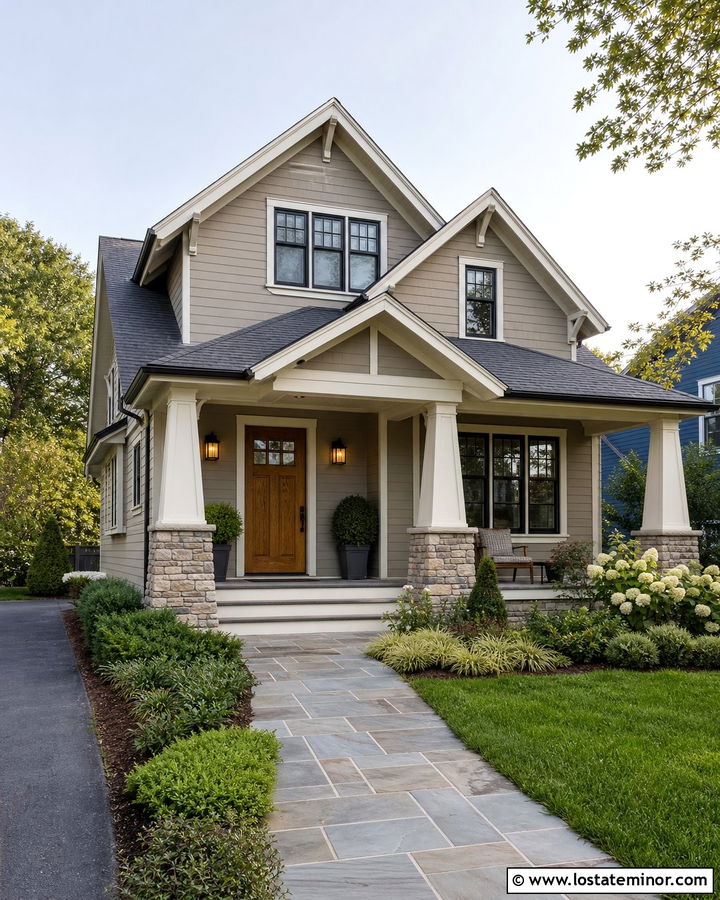 Greige Craftsman House With Bluestone Walkway - 30 Greige House Design With Walkway Ideas