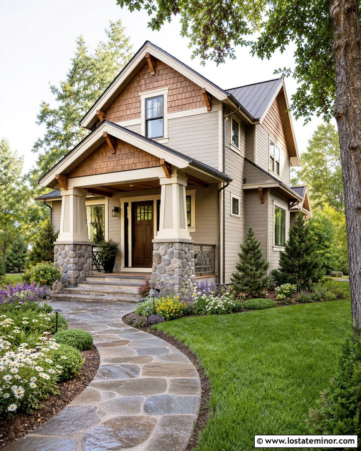 Greige Craftsman House With Cedar Gables - 30 Greige House Design With Gables Ideas