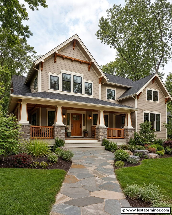 Greige Craftsman House With Cedar Railings - 30 Greige House Design With Railings Ideas