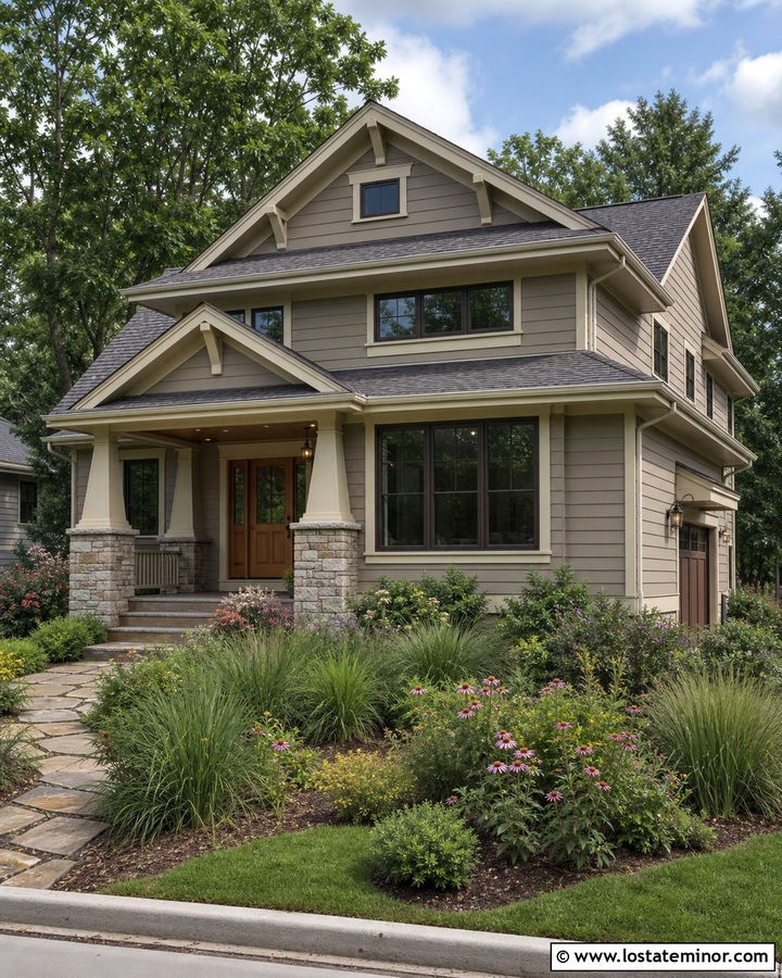 Greige Craftsman House With Native Plants - 30 Greige House Design With Landscaping Ideas