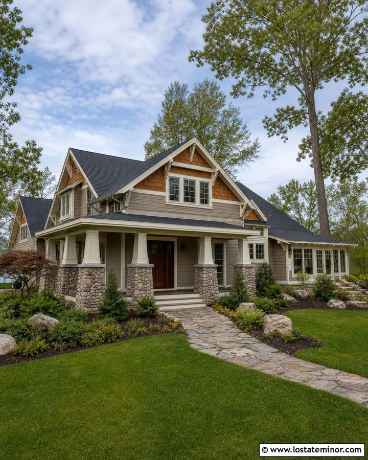 Greige Craftsman House With Natural Cedar Shake Gables - 30 Greige House Design With Cedar Shake Ideas