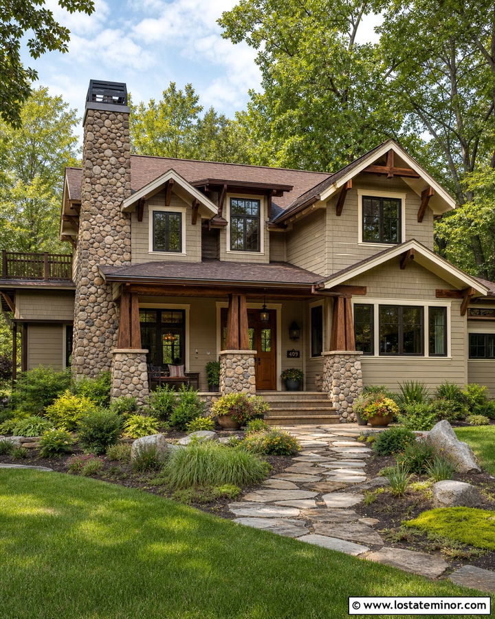 Greige Craftsman House With River Rock Chimney - 30 Greige House Design With Chimney Ideas