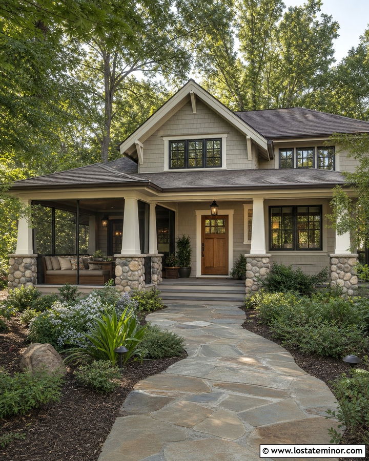 Greige Craftsman House With Screened Daybed Porch - 30 Greige House Design With Daybed Ideas