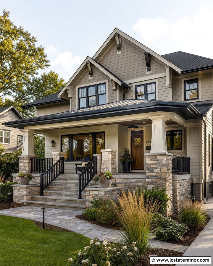 Greige Craftsman House With Stone And Black Railings - 30 Greige House Design With Railings Ideas