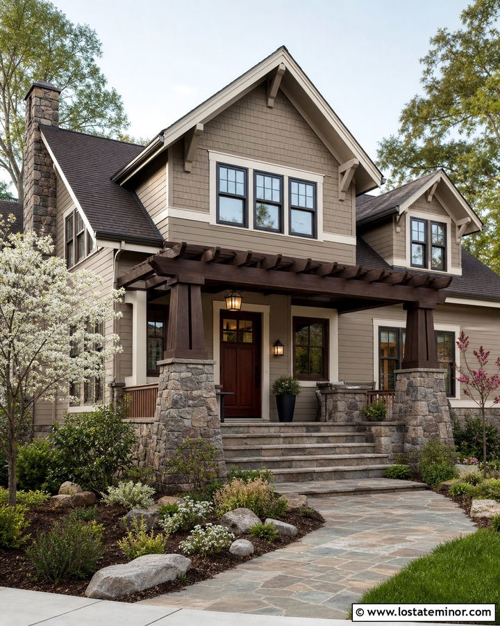 Greige Craftsman House With Stone Pergola Columns - 30 Greige House Design With Pergola Ideas