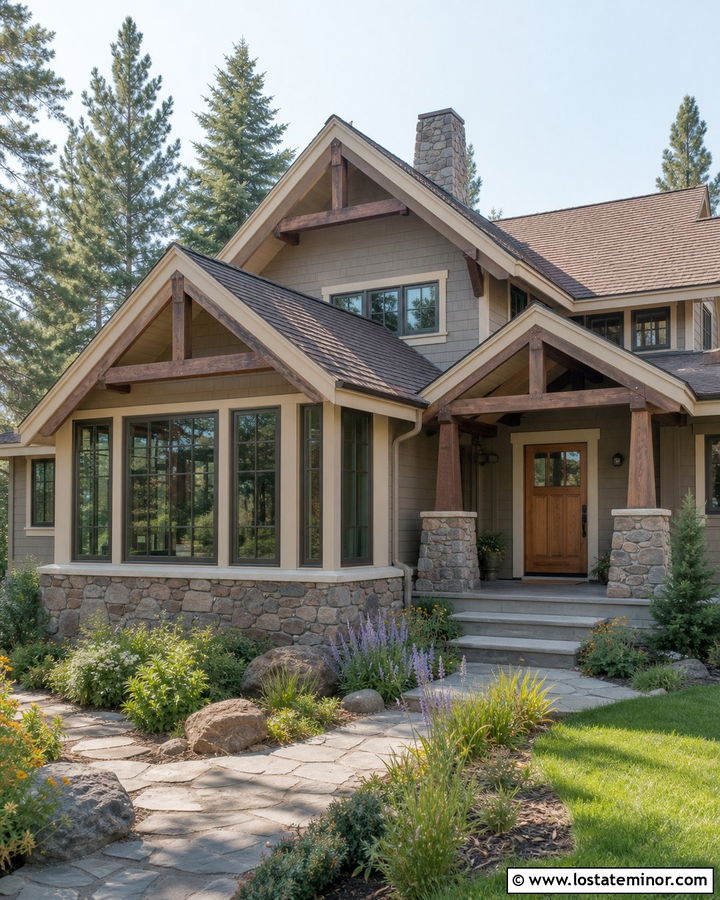Greige Craftsman House With Stone Sunroom - 30 Greige House Design With Sunroom Ideas