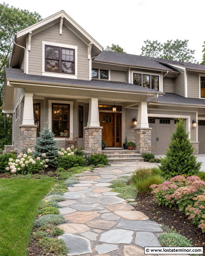 Greige Craftsman House With Stone Walkway - 30 Greige House Design With Landscaping Ideas