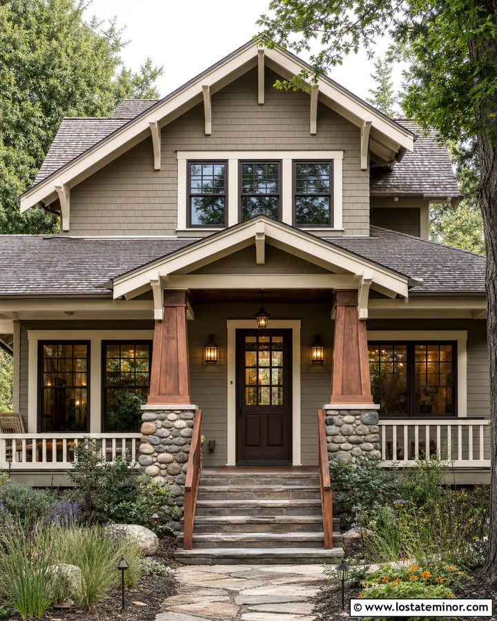 Greige Craftsman House With Tapered Porch Columns - 30 Greige House Design With Front Porch Ideas