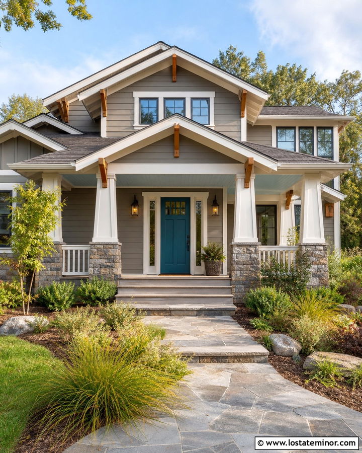 Greige Craftsman House With Teal Front Door - 30 Greige House Design With Front Door Ideas