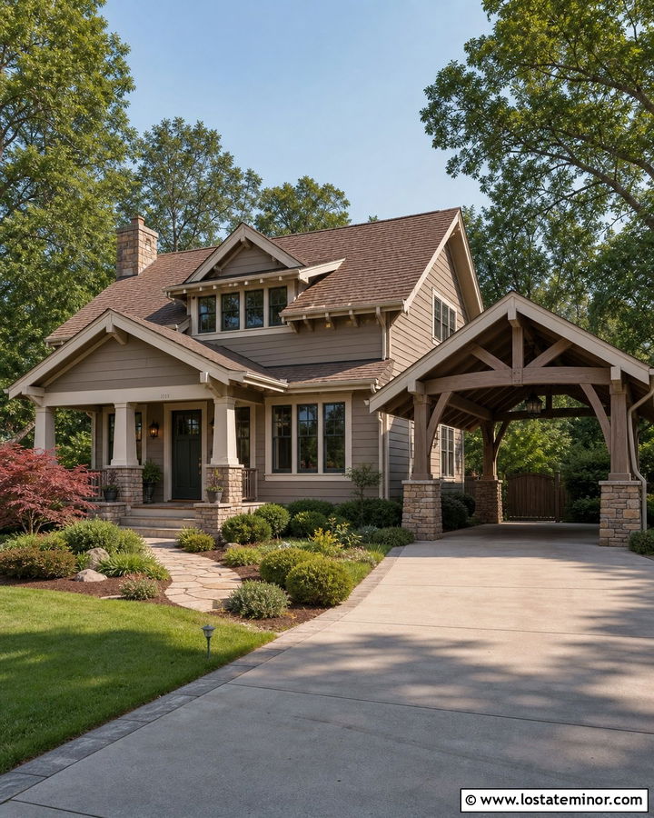 Greige Craftsman House With Timber Carport - 30 Greige House Design With Carport Ideas