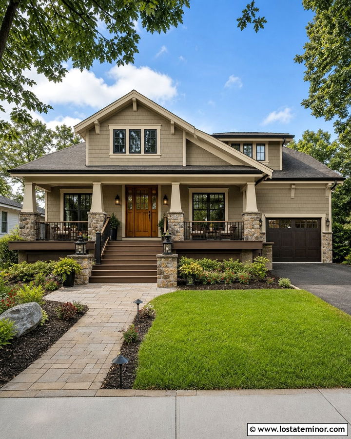 Greige Craftsman House With Two Tone Deck - 30 Greige House Design With Deck Ideas
