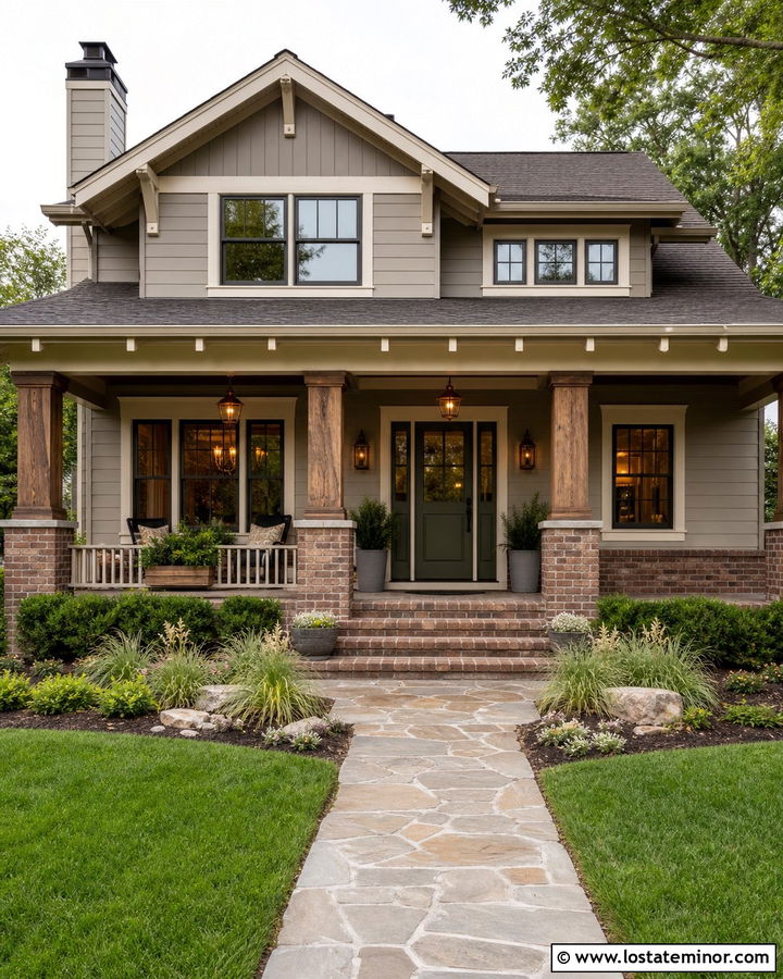 Greige Craftsman With Brick Columns - 30 Greige House Design With Brick Accents Ideas