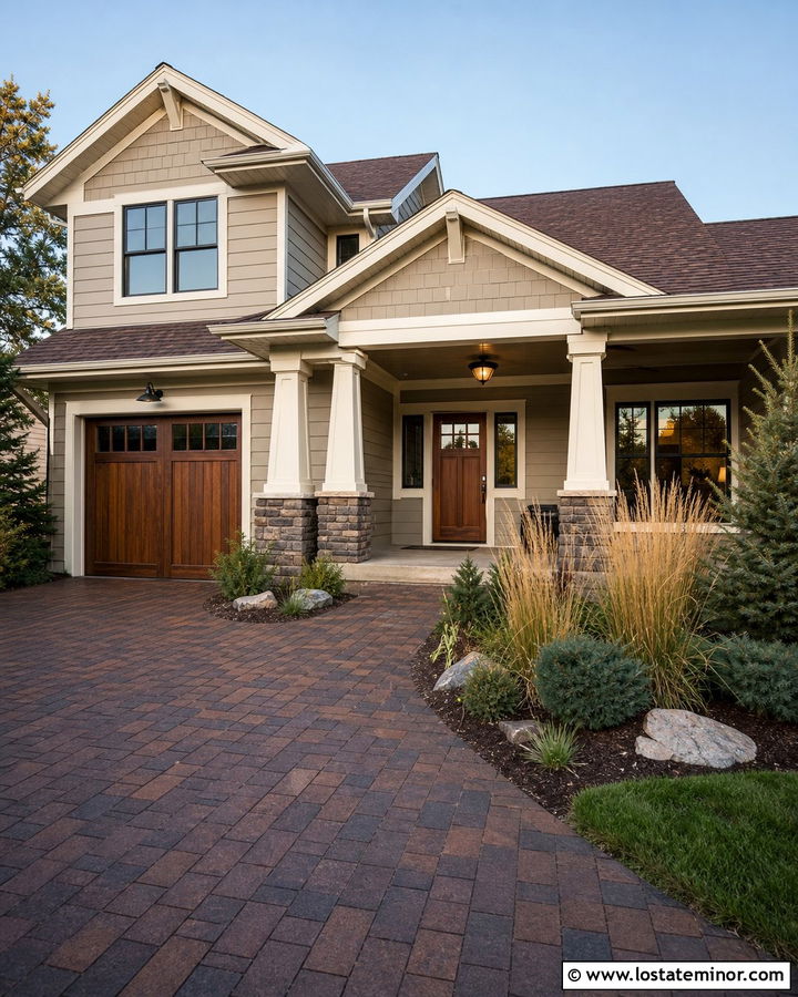 Greige Craftsman With Brick Paver Driveway - 30 Greige House Design With Driveway Ideas